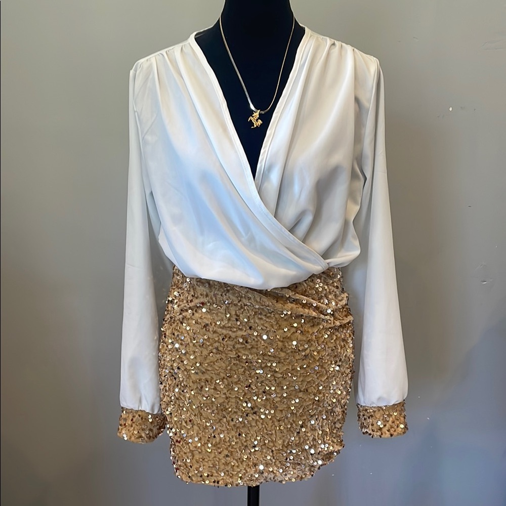 White Wrap Blouse with Gold Sequin Mini Skirt - Elegant Women’s Dress Set